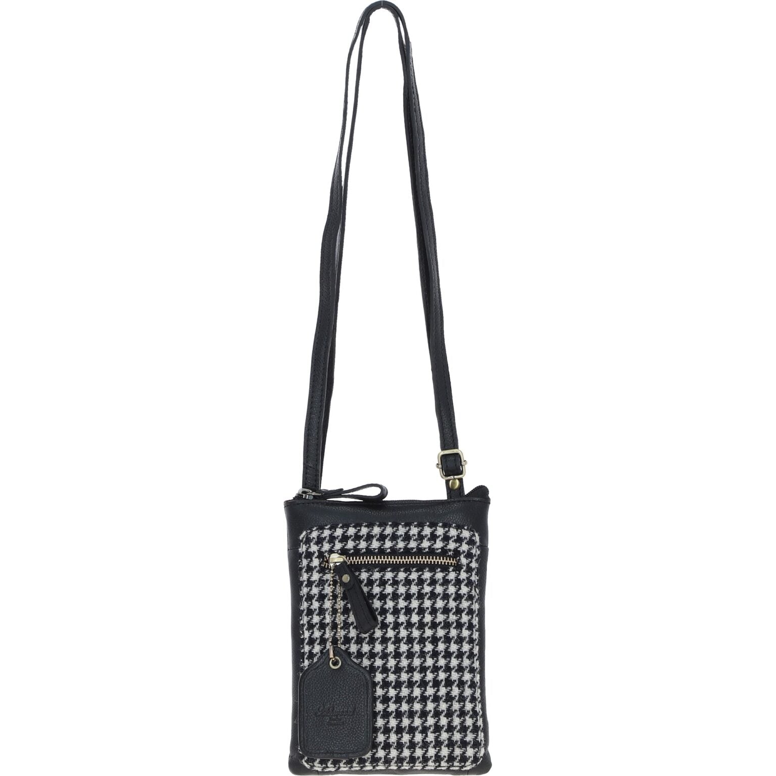 Real Leather Monkton Mini Crossbody Bag with Harris Tweed - Black Leather &amp; Black and White Houndstooth