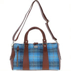 Real Brown Leather Irvine Small Holdall Bag Harris Tweed Blue Castle Bay | Harris Tweed Scotland