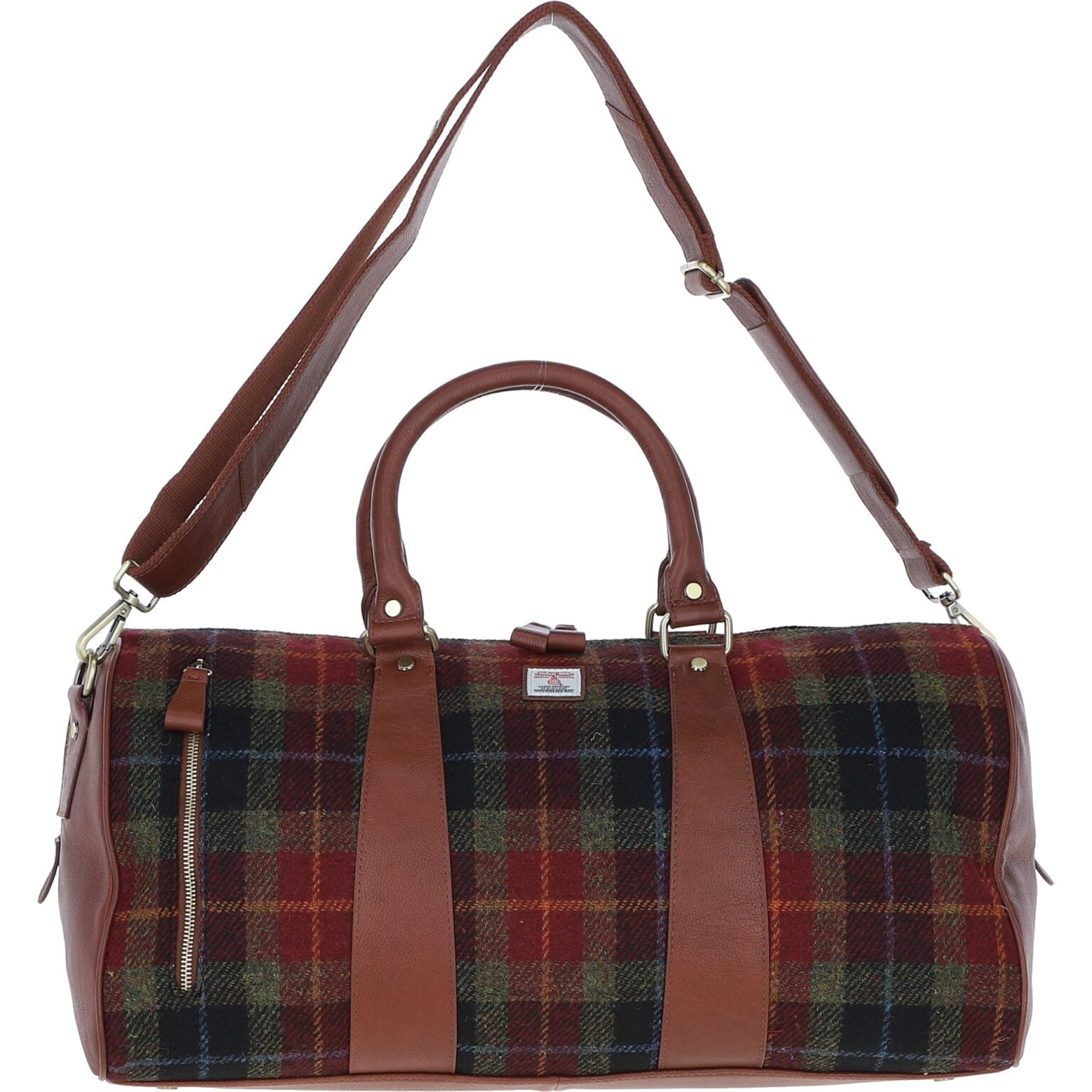Real Leather Inverness Large Holdall Harris Tweed - Tan Leather & Green Red