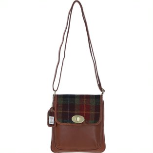 Real Leather Twist Lock Crossbody Bag with Harris Tweed - Tan Leather & Green Red