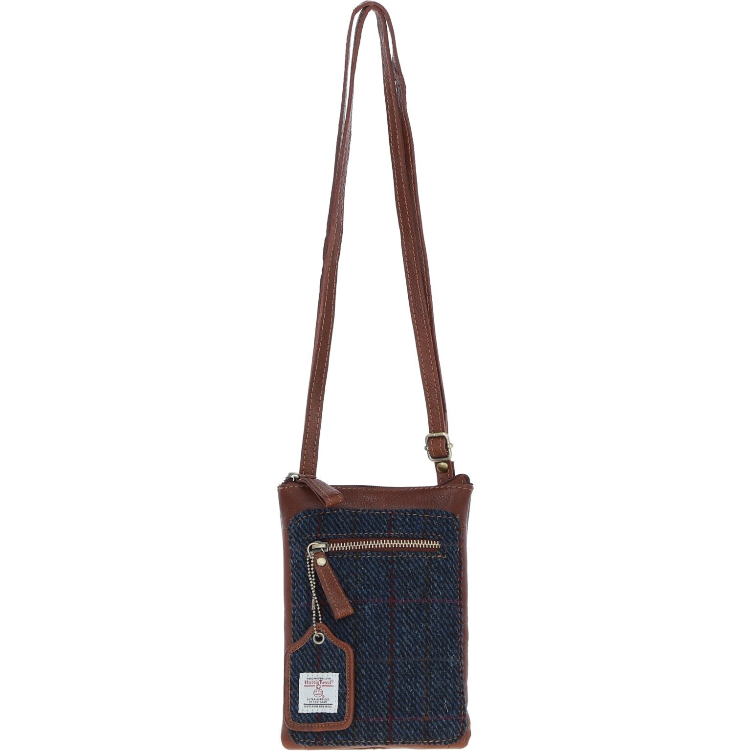 Real Leather Monkton Mini Crossbody Bag with Harris Tweed - Tan Leather &amp; Navy