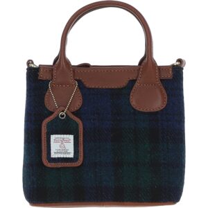 Real Leather with Harris Tweed Troon Mini Handbag with Removable Crossbody Strap - Tan Leather &amp; Black Watch