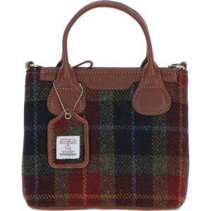 Real Leather with Harris Tweed Troon Mini Handbag with Removable Crossbody Strap - Tan Leather &amp; Green Red