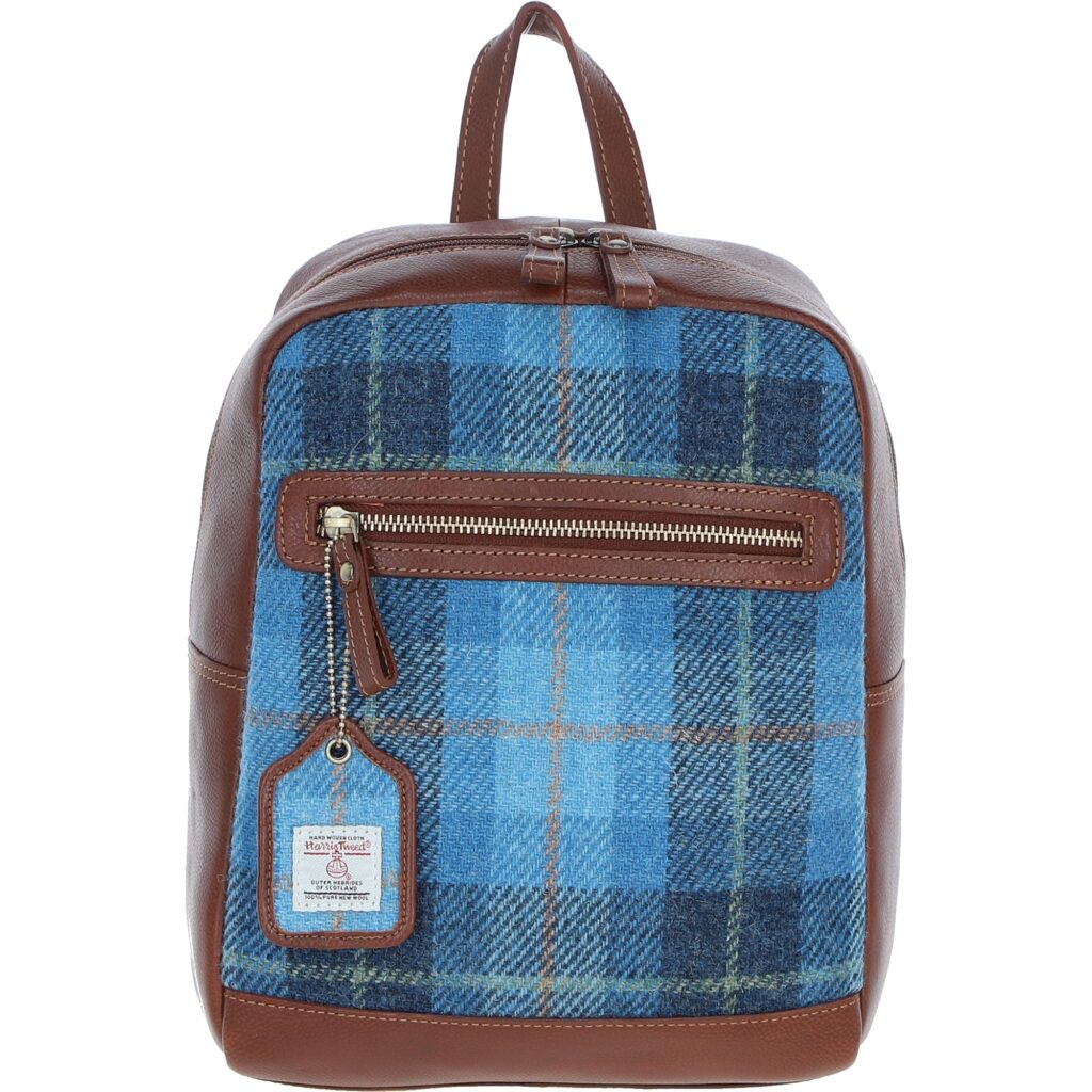 Real Leather Barassie Large Backpack with Harris Tweed - Tan Leather &amp; Castle Bay