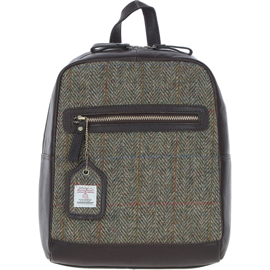 Real Leather Barassie Large Backpack with Harris Tweed - Brown Leather &amp; Green