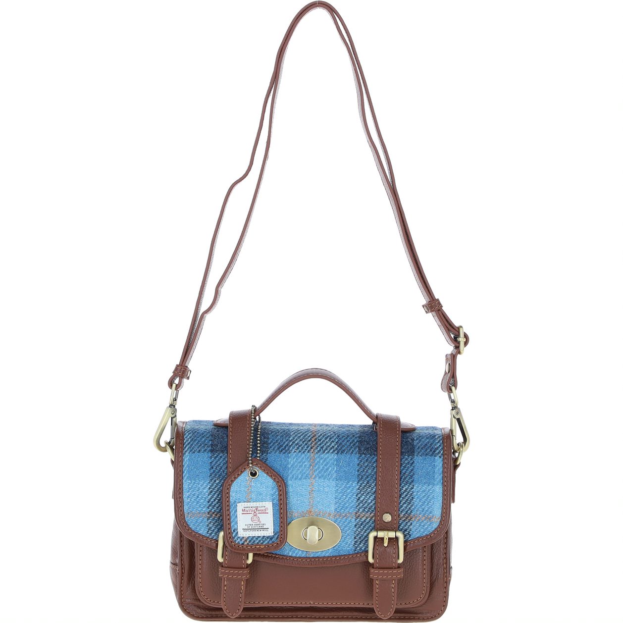 Real Leather Medium “Millport” Satchel with Brass Twist Lock with Harris Tweed - Tan Leather & Castle Bay