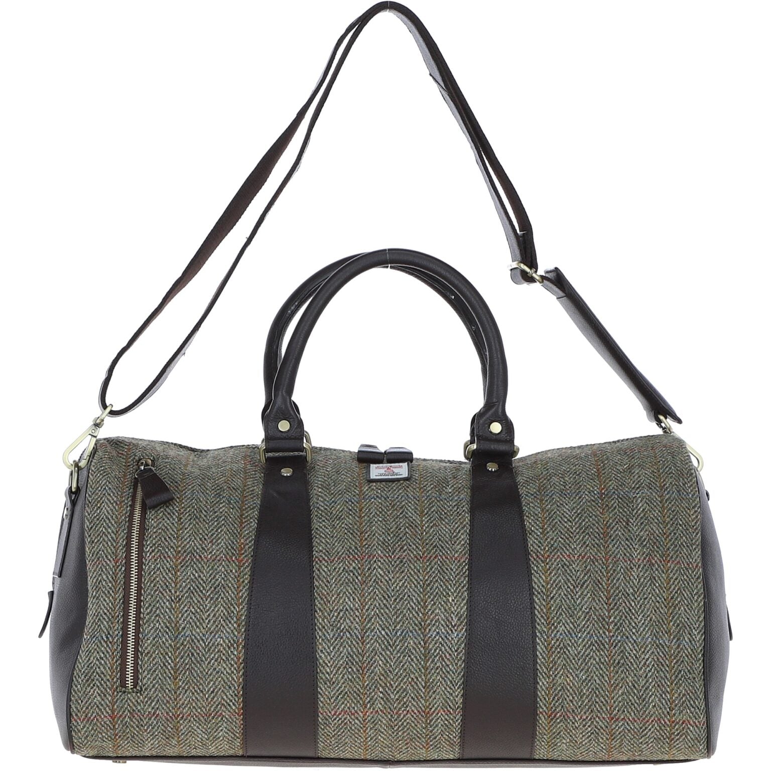 Real Leather Inverness Large Holdall Harris Tweed - Black Leather & Green
