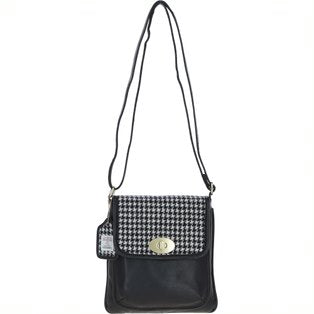 Real Leather Twist Lock Crossbody Bag with Harris Tweed - Black Leather & Black and White Houndstooth