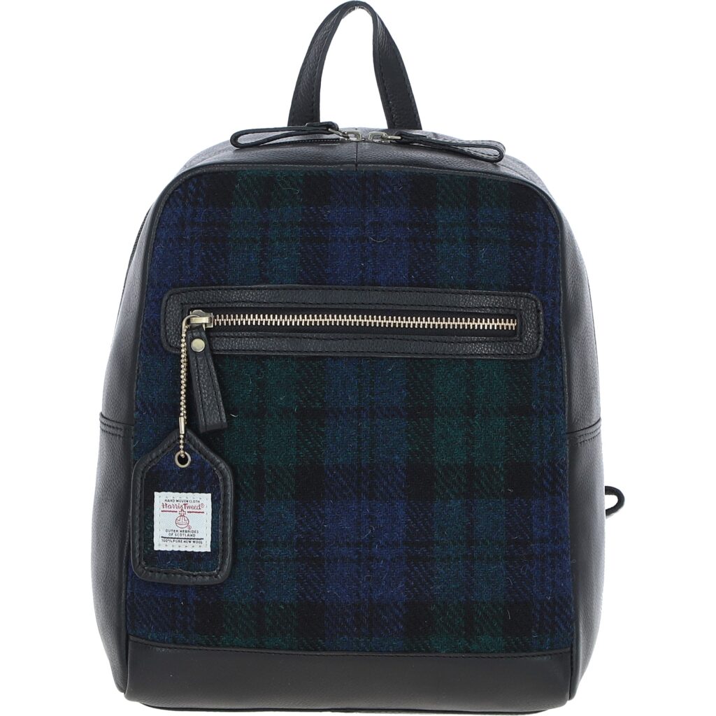 Real Leather Barassie Large Backpack with Harris Tweed - Black Leather &amp; Black Watch