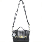 Real Leather Dundonald Small Satchel with Harris Tweed Black Leather & Black White Houndstooth | Harris Tweed Scotland