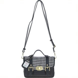 Real Leather Dundonald Small Satchel with Harris Tweed - Black Leather &amp; Black and White Houndstooth