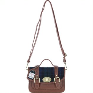 Real Leather Dundonald Small Satchel with Harris Tweed - Tan Leather &amp; Black Watch