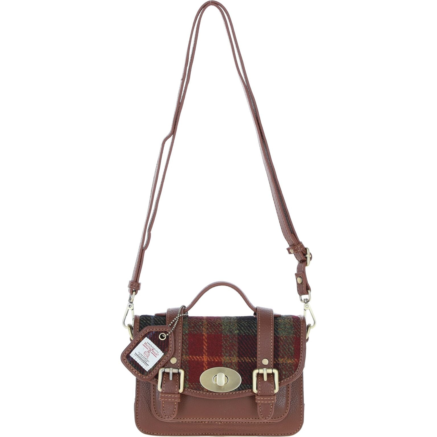 Real Leather Dundonald Small Satchel with Harris Tweed - Tan Leather &amp; Green Red