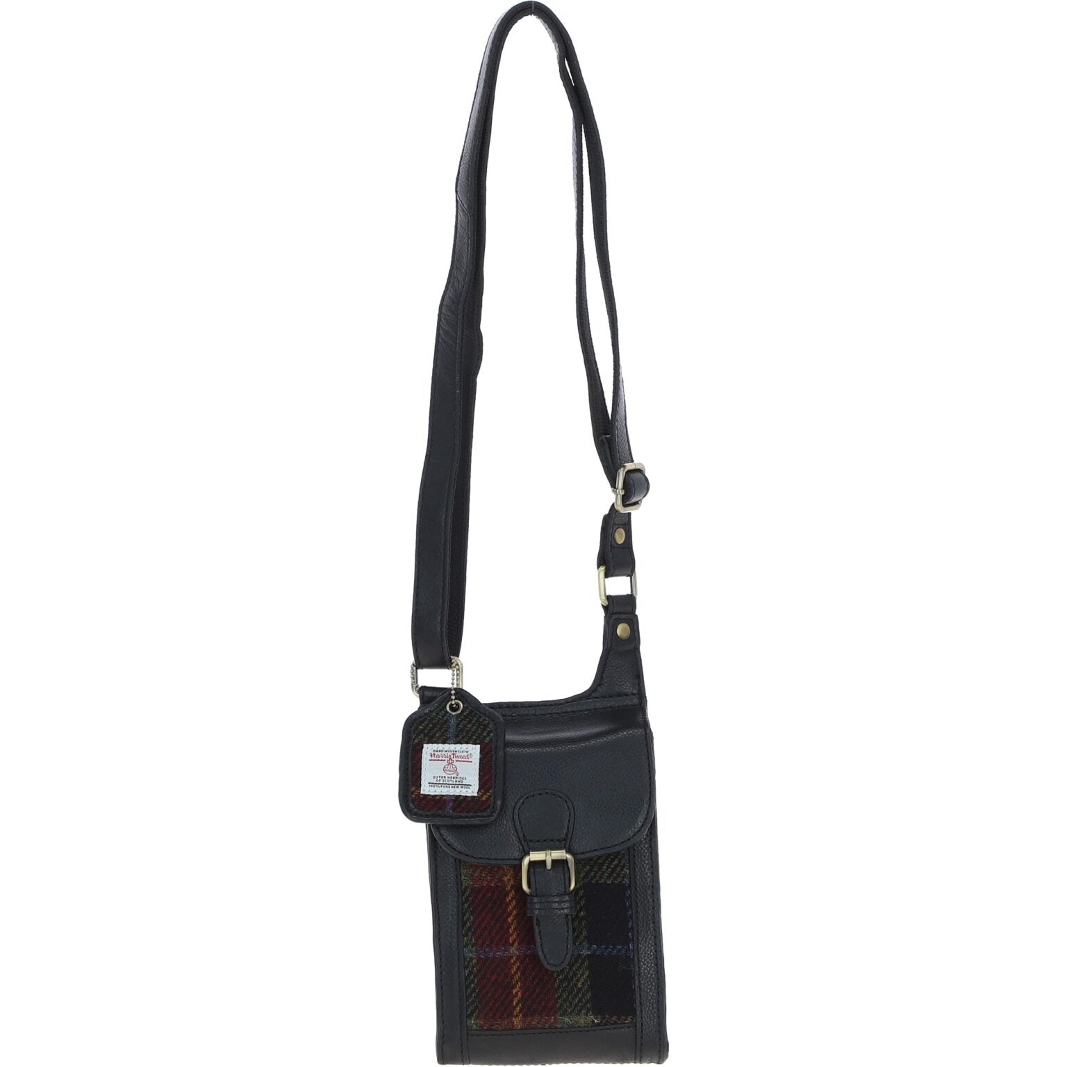 Harris Tweed and Genuine Leather Girvan Baby Crossbody Bag - Black Leather &amp; Green Red