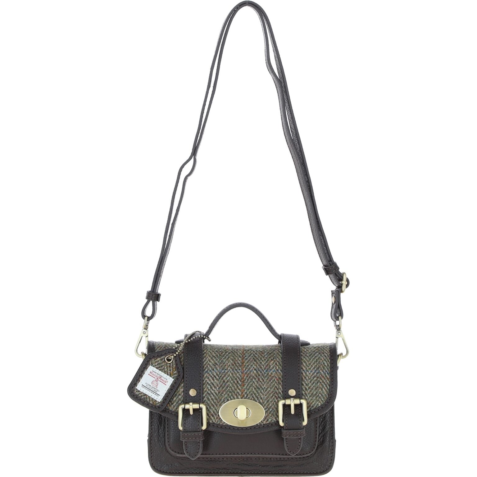 Real Leather Dundonald Small Satchel with Harris Tweed - Brown Leather &amp; Green