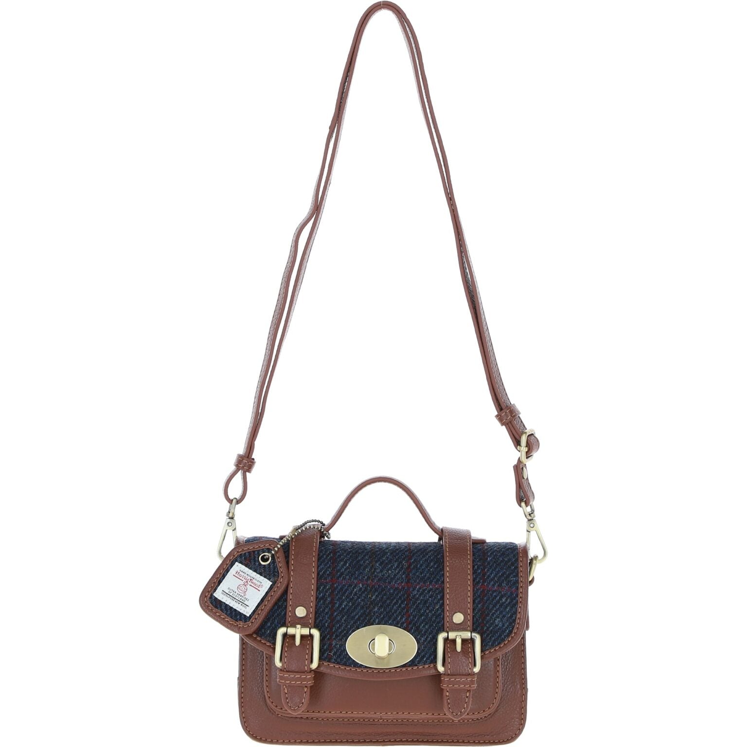 Real Leather Dundonald Small Satchel with Harris Tweed - Tan Leather &amp; Navy