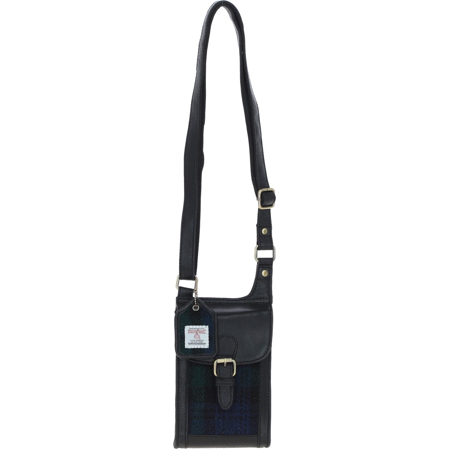 Harris Tweed and Genuine Leather Girvan Baby Crossbody Bag - Black Leather &amp; Black Watch