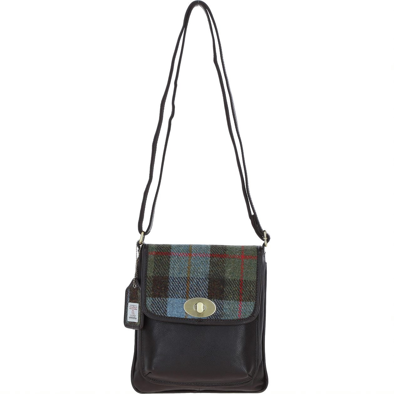 Real Leather Twist Lock Crossbody Bag with Harris Tweed - Brown Leather & MacLeod