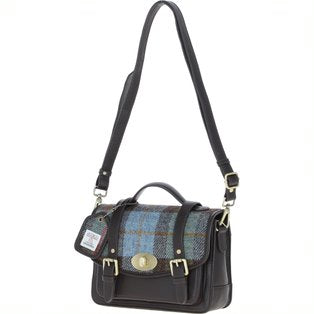 Real Leather Medium “Millport” Satchel with Brass Twist Lock with Harris Tweed - Black Leather & MacLeod