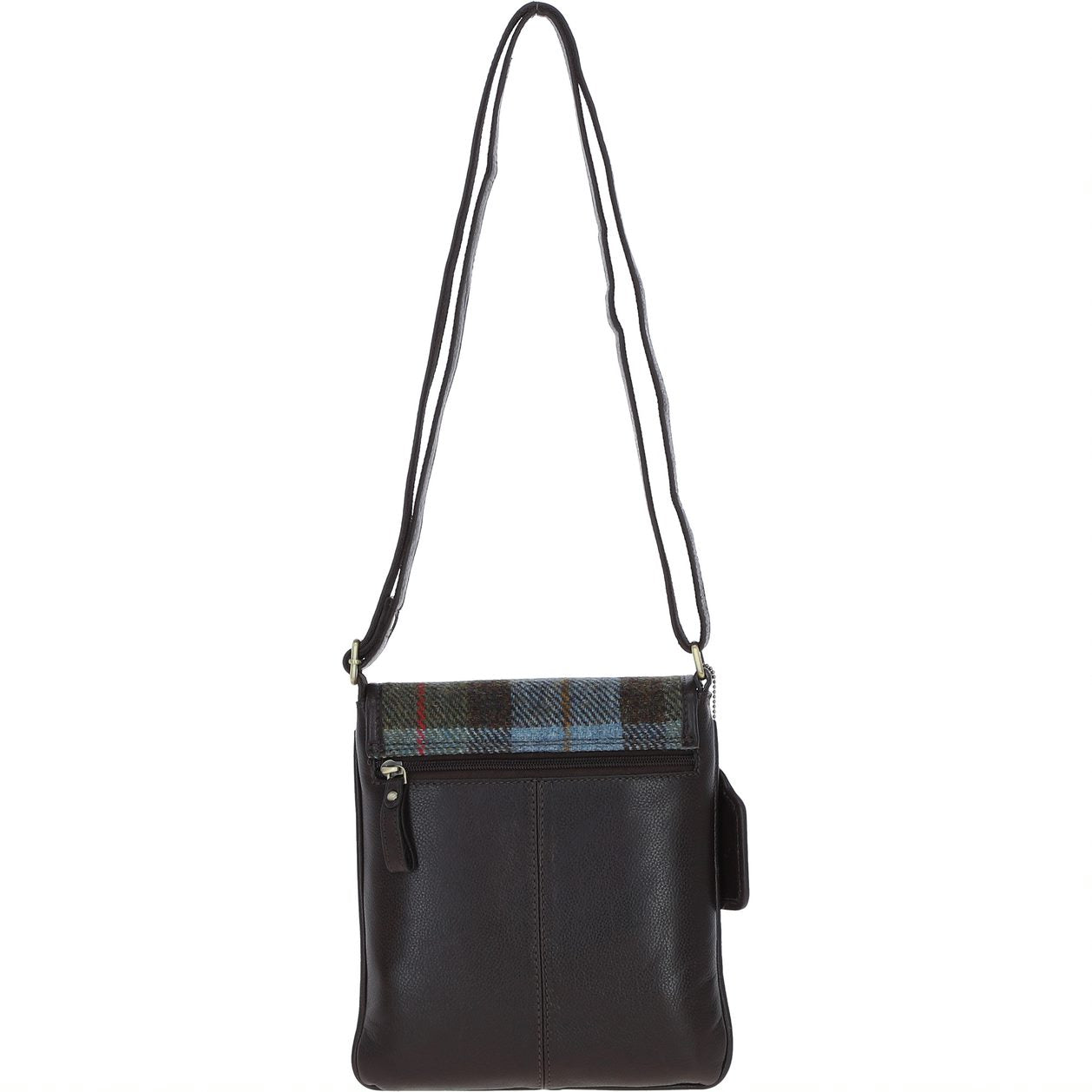 Real Leather Twist Lock Crossbody Bag with Harris Tweed - Tan Leather & Navy