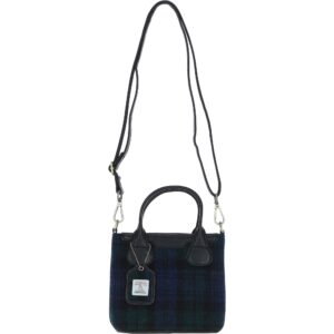 Real Leather with Harris Tweed Troon Mini Handbag with Removable Crossbody Strap - Black Leather &amp; Black Watch