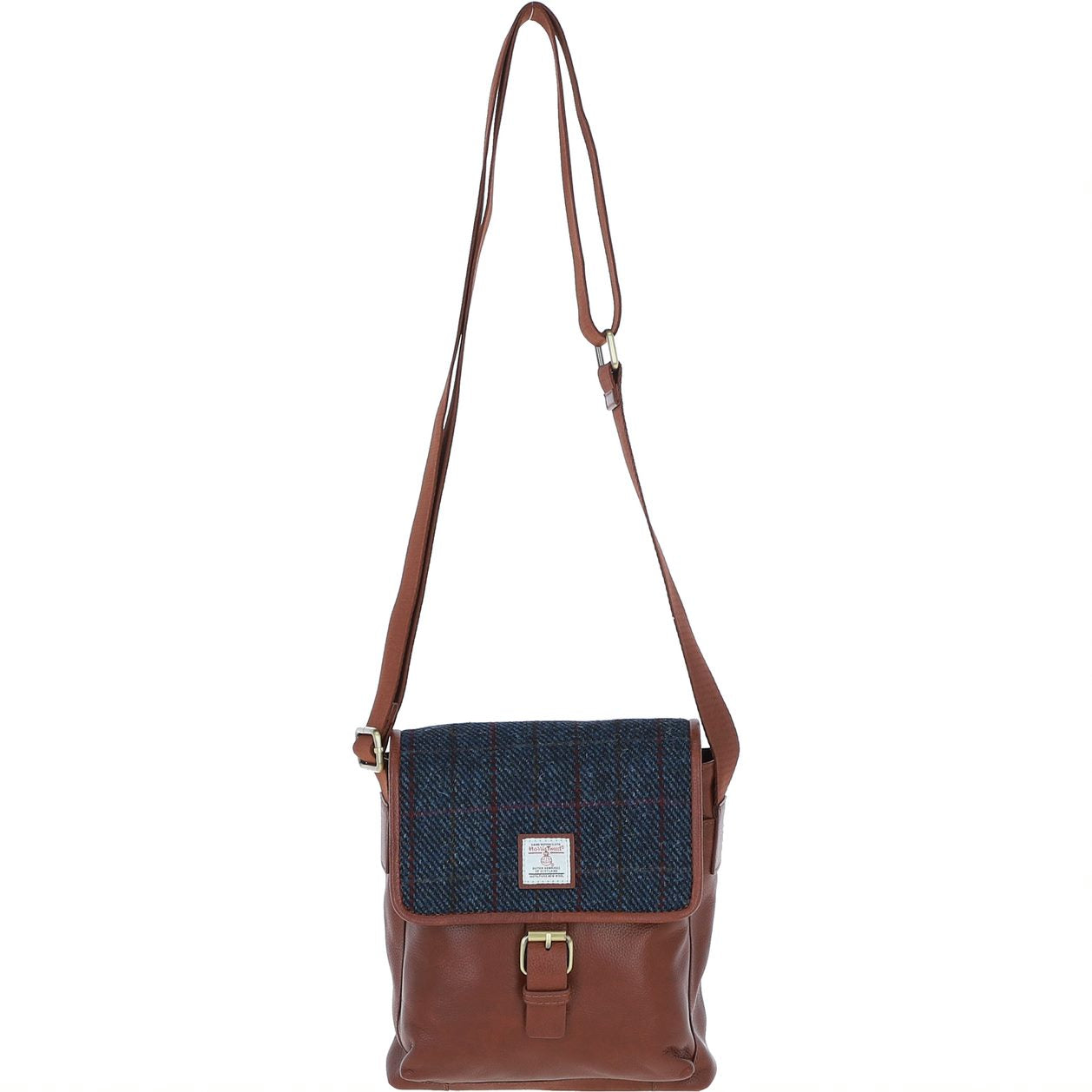 Real Leather Loans Man Bag with Harris Tweed - Tan Leather &amp; Navy