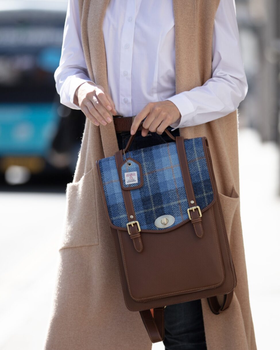 Real Leather Carrick Large Laptop Backpack with Black Leather & Black & White Dogtooth Harris Tweed