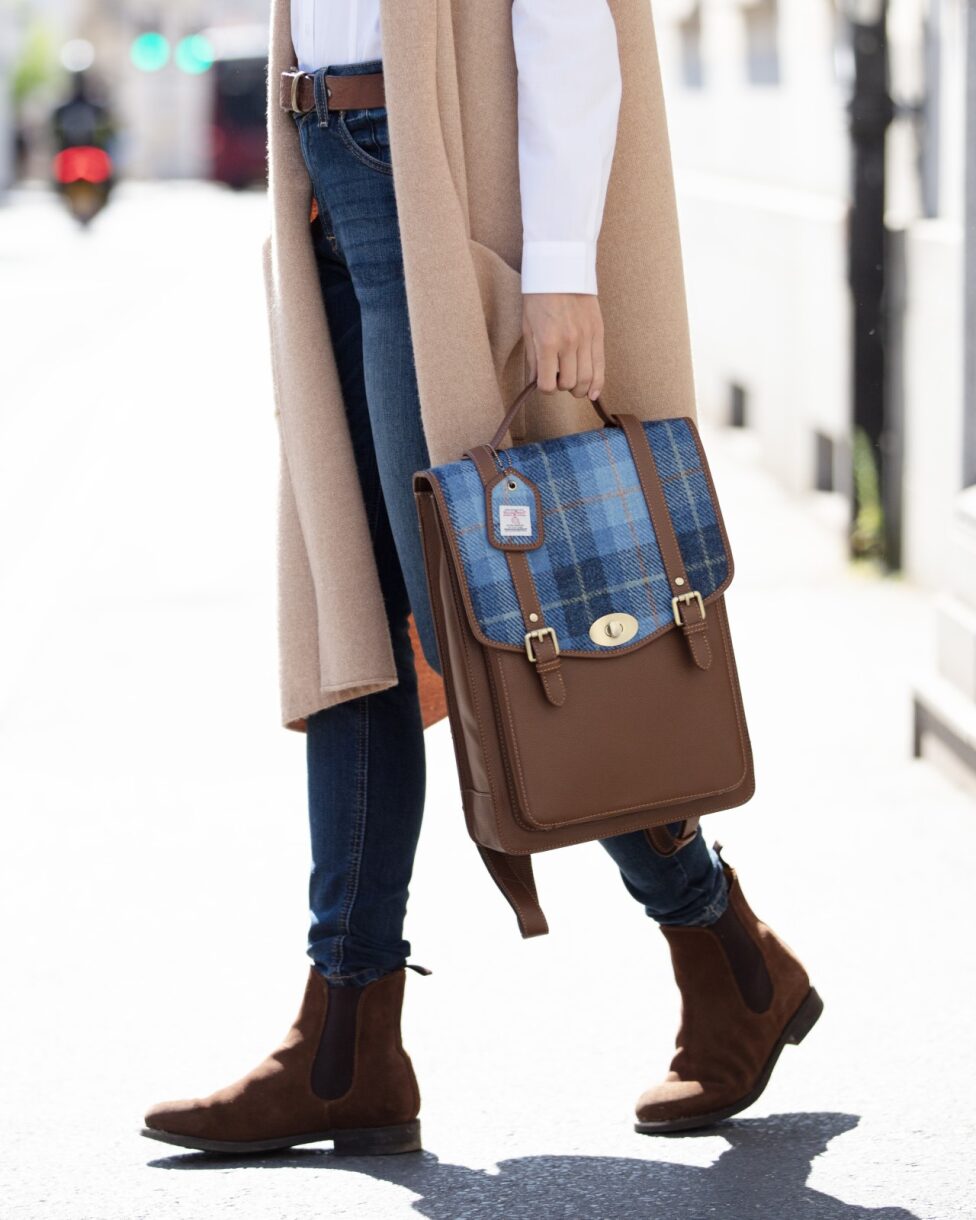 Real Leather Carrick Large Laptop Backpack with Navy Leather & Fuchsia Tartan Harris Tweed