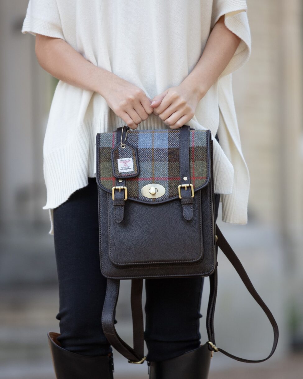Real Leather Cameron Medium Backpack with Tan Leather & Navy Over-Check Harris Tweed