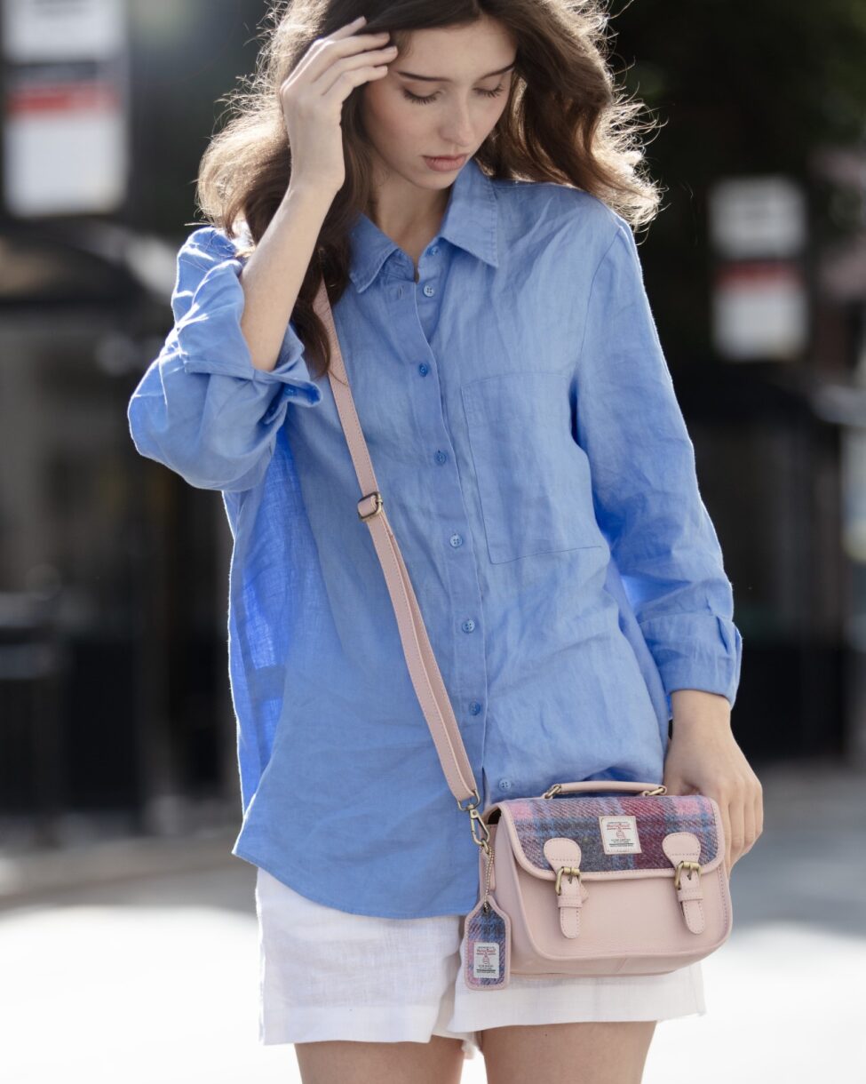 Real Leather Luss Satchel Bag with Black Leather & Autumn Check Harris Tweed