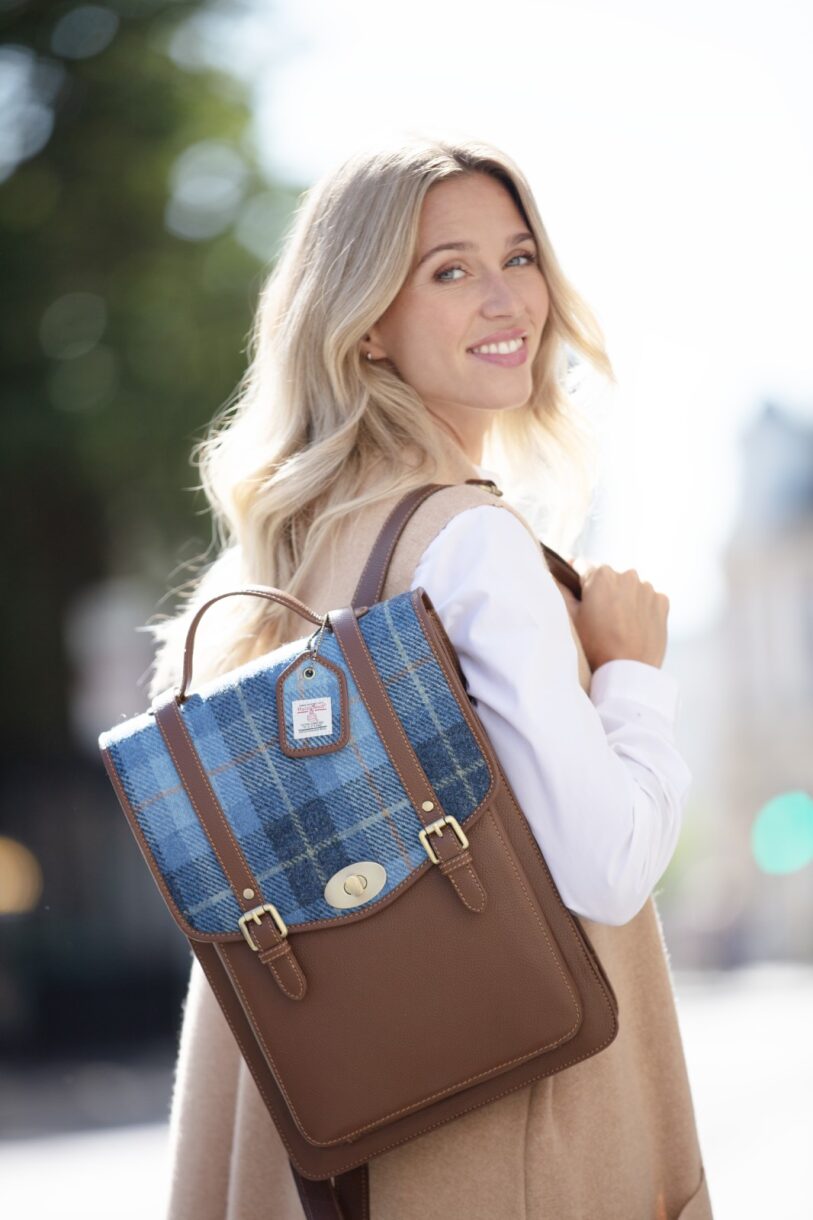 Real Leather Carrick Large Laptop Backpack with Navy Leather & Fuchsia Tartan Harris Tweed