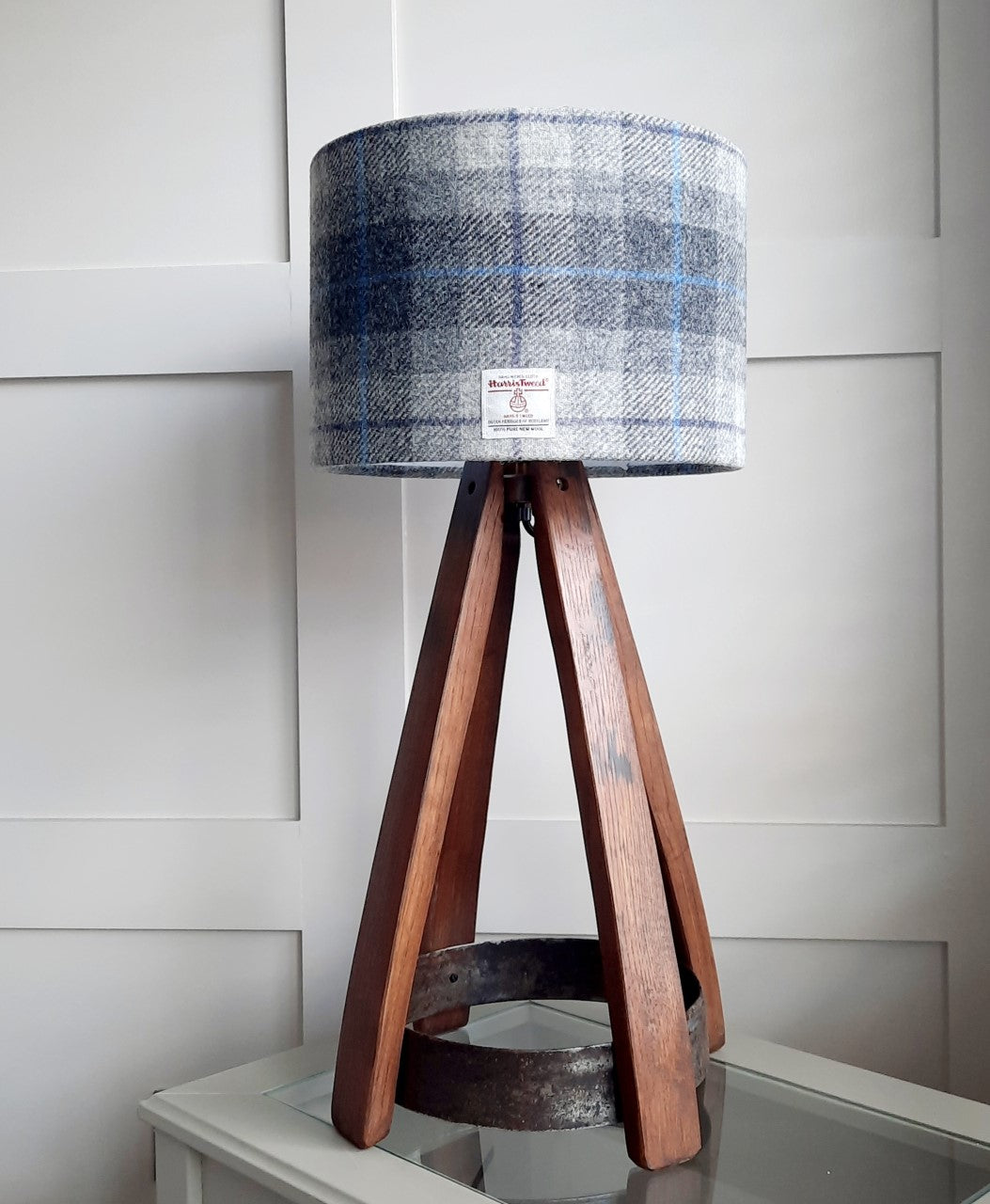 Harris Tweed Whiskey Oak Stave Table Lamp Steel Hoop Hand Made