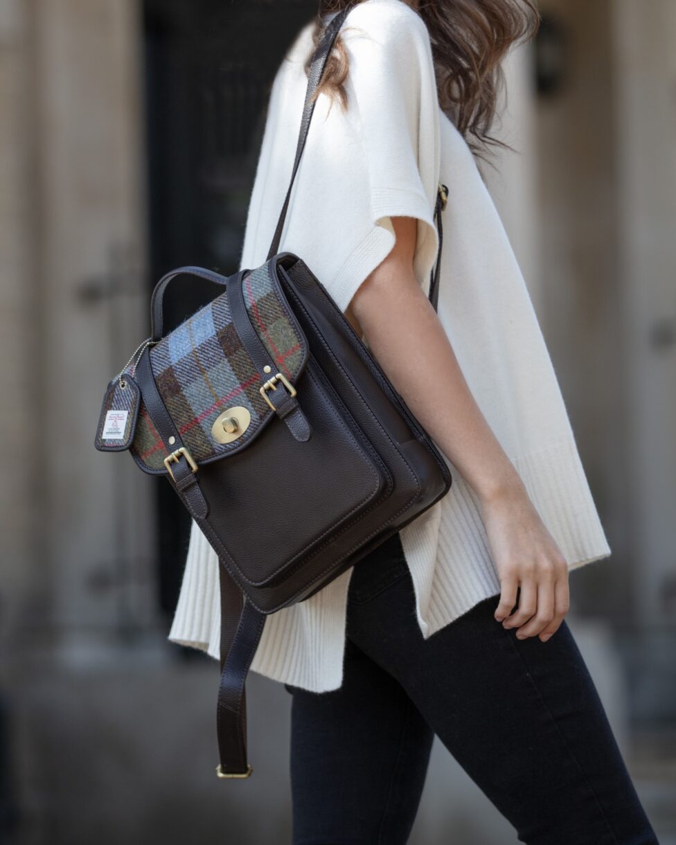 Real Leather Cameron Medium Backpack with Tan Leather & Navy Over-Check Harris Tweed