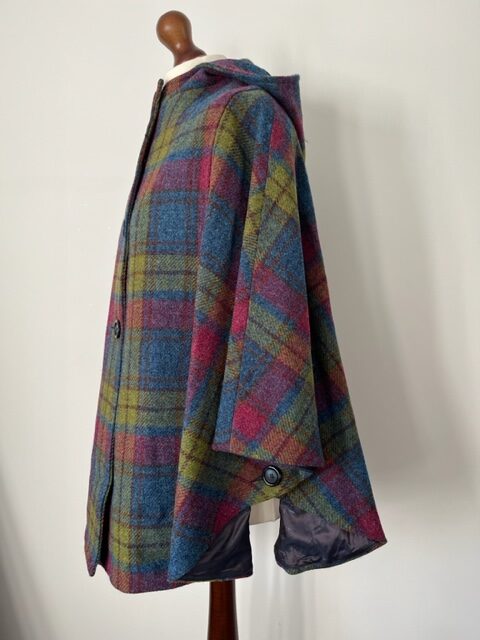 Harris Tweed Ladies Hooded Cape Lime Blue Raspberry Check