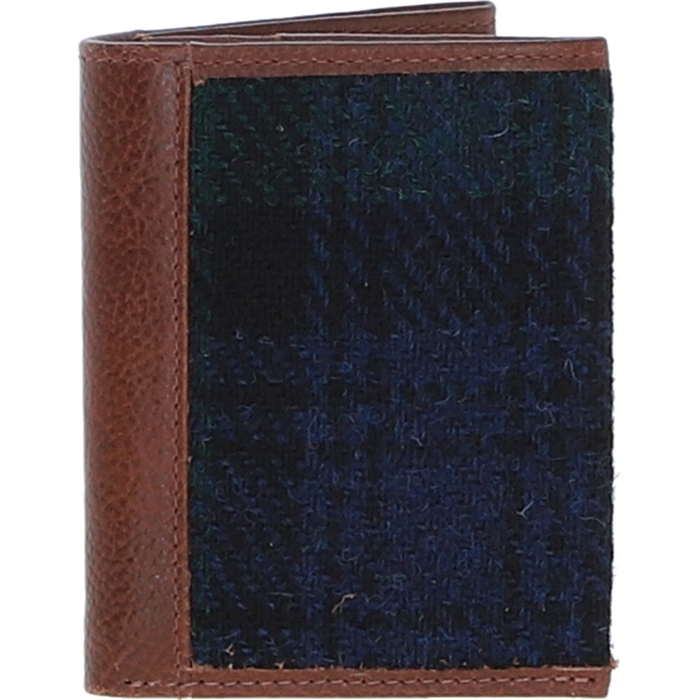 Real Leather Largs RFID Secure Wallet with Harris Tweed - Tan Leather &amp; Black Watch