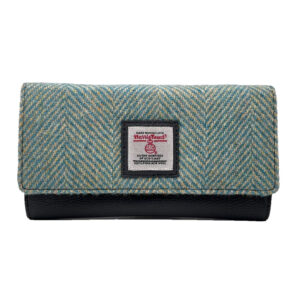 Women's Harris Tweed Blue Check Real Leather Bifold Wallet, Card Holder with Zipper Coin Purse